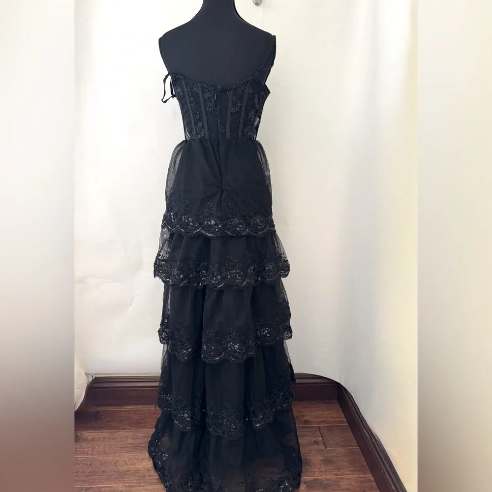 Lulus Alluring Sensation Black Tulle Embroidered Tiered Maxi Dress, Size XS, NWT - Picture 8 of 15